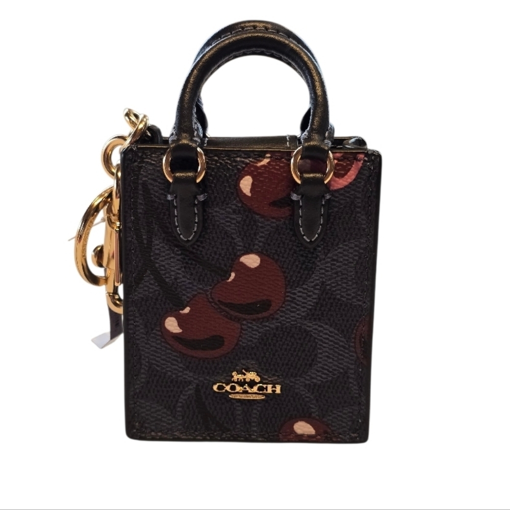 Coach North South Cherry Black Coated Canvas Mini Tote Bag Charm